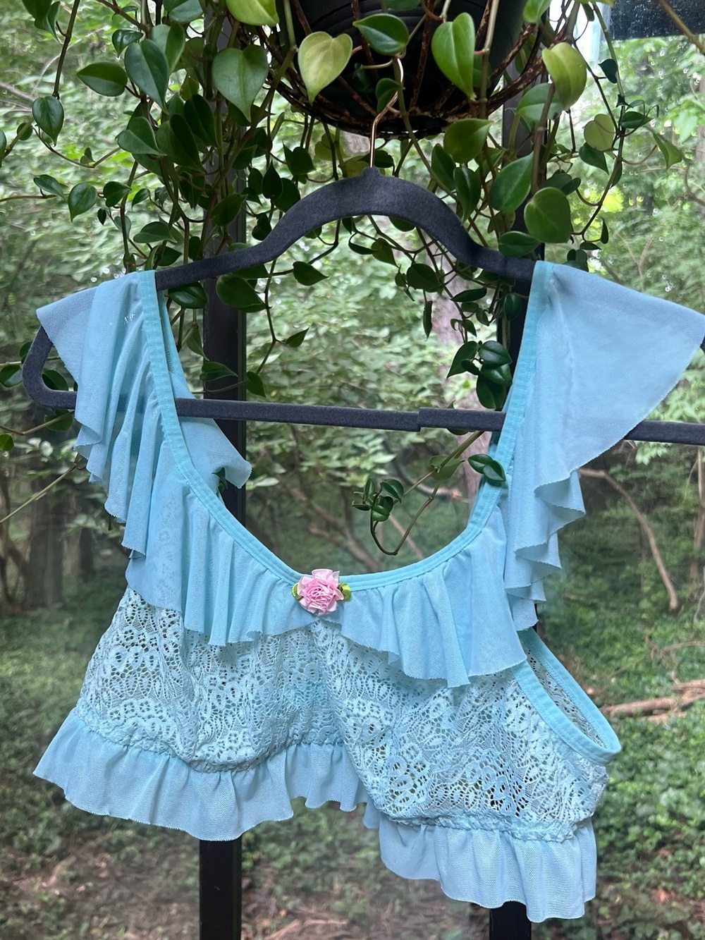 Light Blue Ruffled Lace Bralette and matching panty with Pink Rose Accent